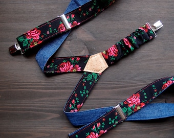 Black Floral Womens Suspenders, Reversible Denim Suspenders, Women Textile Braces, Girlfriend Gift, Suspenders with flowers