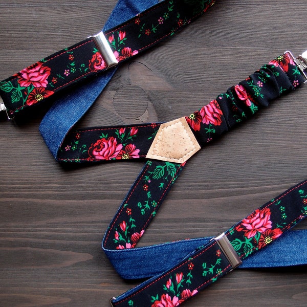 Black Floral Womens Suspenders, Reversible Denim Suspenders, Women Textile Braces, Girlfriend Gift, Suspenders with flowers