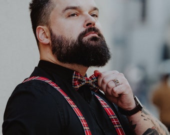 Plaid Mens bow tie and suspenders,  hipster braces with bow tie for bearded men, birthday gift for husband