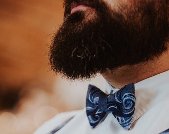 Blue paisley groomsmen bow tie, Embroidered denim bow ties for men with unique pattern, bowtie to a wedding or for everyday use