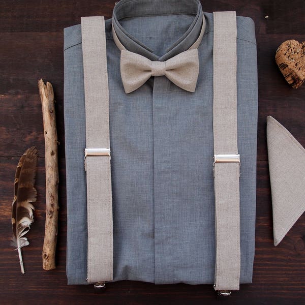 Linen suspenders set with linen pocket square,  groom outfit 2022, gift for father from daughter, bowtie set and pocket square