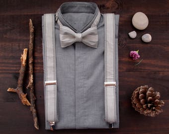 Grey Suspenders and Bow Tie,  Suspenders Set, Braces and Bow Tie, Grooms Bowtie and Suspenders, Mens Braces set, from wife to husband gift