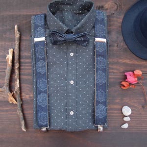 Navy Bow tie and Suspenders, Blue Bow Tie and Suspenders, Bowtie and Suspenders Set, Denim Bow tie and Suspender, Birthday gift for husband