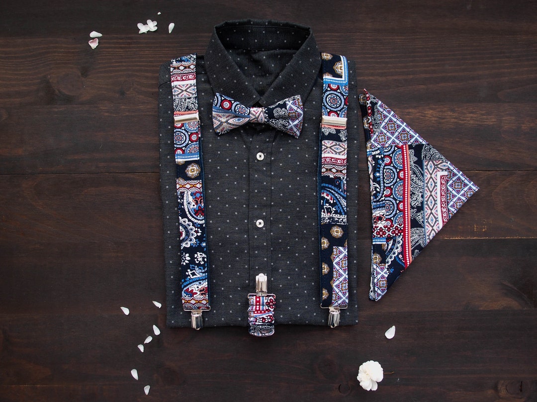 Colorful Bow Tie and Suspenders for Men With Matching Pocket Square