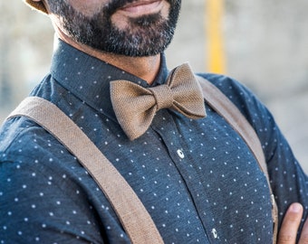 Beige bretels voor mannen, vlinderdas en bretels, veganistische bretels en vlinderdas voor een bruiloft, unieke cadeau-ideeën voor echtgenoot