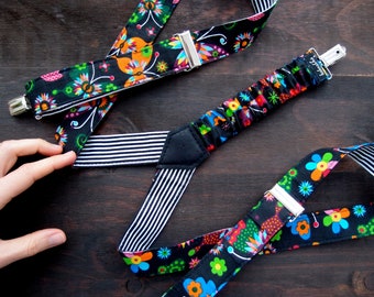 Frida Kahlo Womens Suspenders, Vegan Mexican Fabric Suspenders for powerful girls