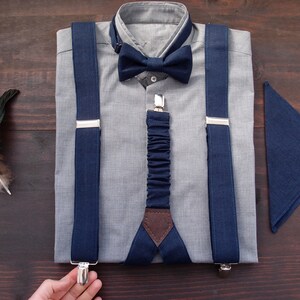 Dark blue linen mens suspenders and bow tie with pocket square im set, wedding braces with bowtie with clips and adjustable length image 5