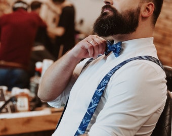 Denim Embroidered Bow tie and Suspenders, pretied bowtie and braces for men , limited wedding eddition