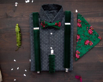 Green Mens Suspenders set with matching floral bow tie and floral pocket square, Velvet bottle green braces with bow tie for the wedding