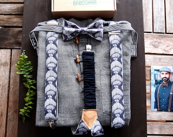 Oceanic grey/blue  mens suspenders with bow tie, Mens suspenders set with sea shell pattern for navy wedding, available also for women