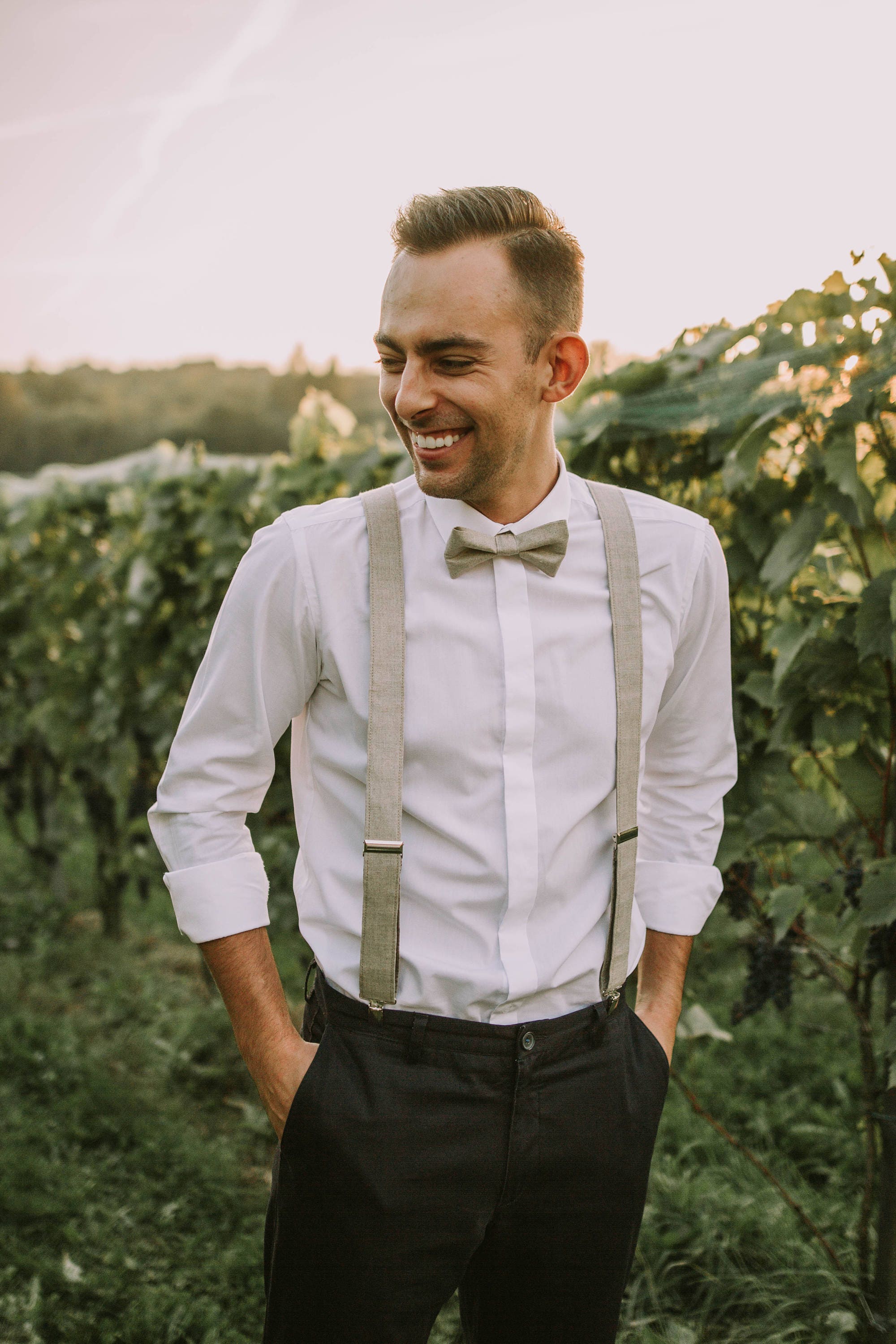 Wedding suspenders set Linen suspenders and bow tie natural Etsy