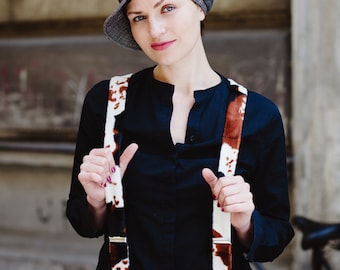 Suspenders for women with cow pattern, unique fabric braces for women, feminist gift, vegan sister gift