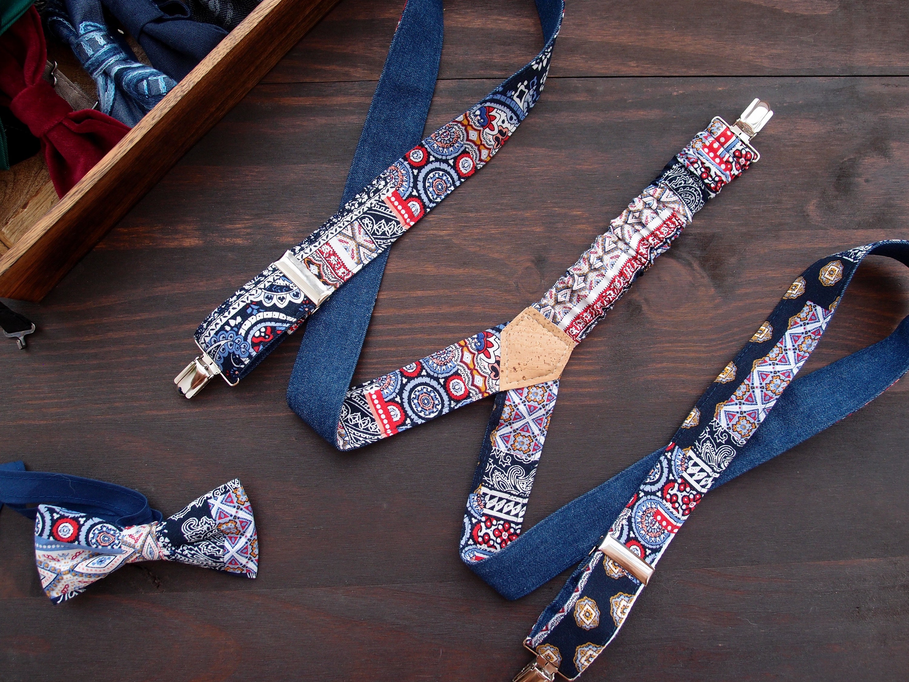 Bow Tie and Suspenders for Men and Women, Blue Red White Patterned Suspenders  Set, Colorful Unisex Fabric Braces and Bow Tie - Etsy, image size:3000x2250