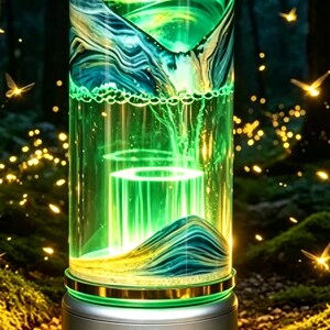 May include: A cylindrical lamp featuring a clear glass body filled with swirling blue, green, and white liquid patterns. The base is metallic silver with a gold-toned rim at the top. The lamp emits a bright green light, illuminating the interior.
