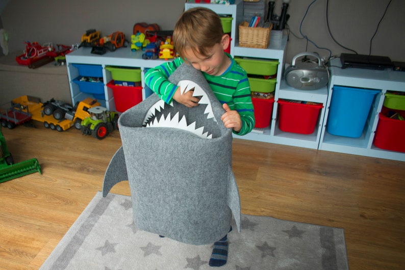 Toy basket, Gift for kid, Shark basket for toys, Kids toys, Kids hamper, Kids room décor, Felt basket, Bin for toys, Shark lover gift, Gray image 2