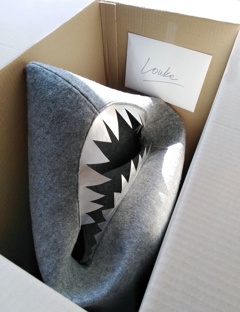 May include: A gray shark-shaped cushion with a white and black mouth, inside a cardboard box. The cushion is made of a soft, felt-like material. A handwritten note that says "Louke" is taped to the inside of the box.