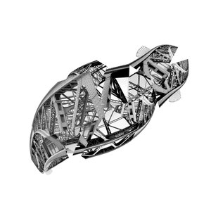 May include: A black and white image of a metal bridge structure that has been broken apart and is floating in mid-air.