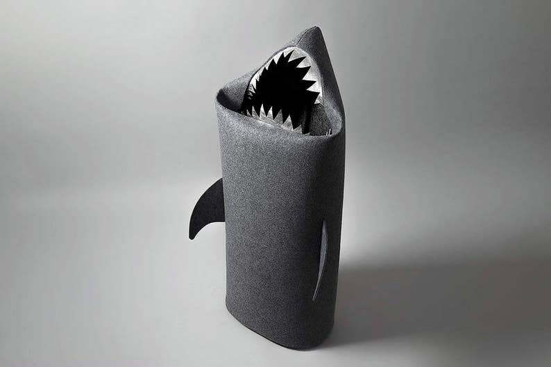 SHARK, Felt laundry basket for bathroom or children's room as a basket for toys, anthracie, silver teeth, Uczarczyk, gift idea, Big size L image 1