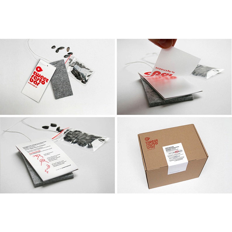 May include: A brown cardboard box with a red logo that says "Sweet Potato Bar" and a white label with instructions. The box contains a small gray felt pouch with sunflower seeds inside.
