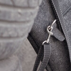 May include: A gray felt bag with a black strap and a silver hook closure.