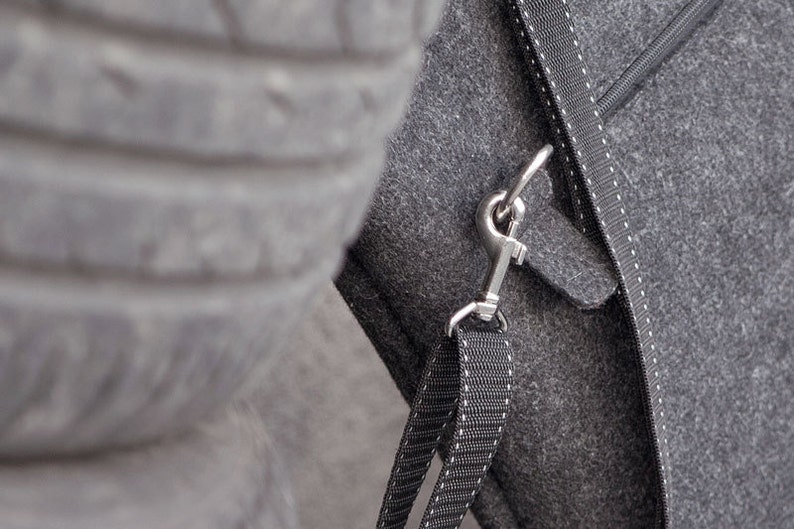 May include: A gray felt bag with a black strap and a silver hook closure.