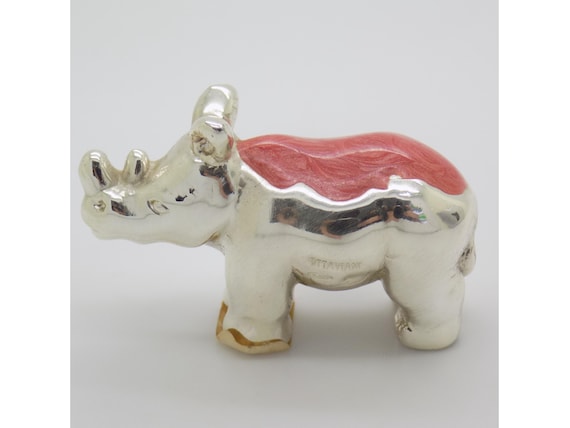 Solid 925 Sterling Silver Rhinoceros with Brown and Orange Enamel, Ottaviani Rome, Italy, Vintage Miniature Animal Figurine, 1980s-1990s, Label, 8g