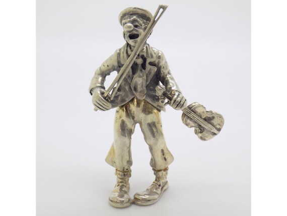 Solid Silver Clown Violinist Figurine 800 Angini Tuscany Italy 1970s 80s Miniature Music Italian Silversmithing Circus Collectible