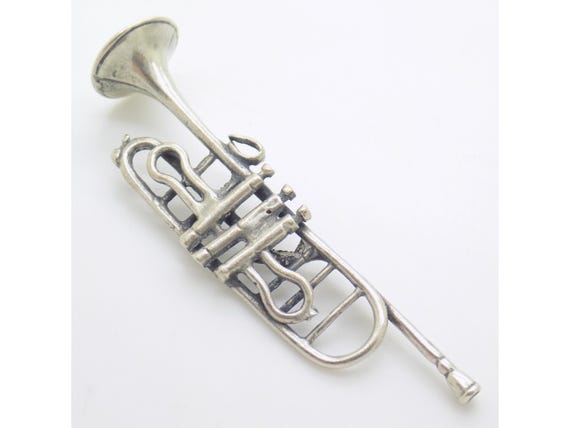 Solid Silver Trumpet, Italy, Miniature Musical Instrument, Dollhouse Figurine, Vintage 1980s-1990s, Handmade, 9g