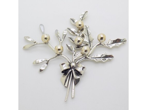 Holly and Mistletoe Figurine in Solid 925 Silver, Arezzo, Italy. Vintage Botanical Christmas Decoration, 1980s-1990s. 14g