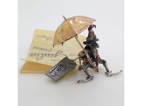 Old Elf Figurine with Umbrella, Solid Silver 925 and Copper, Giulia Preziosi Arezzo, Vintage 1970s-1980s, Guaranteed Original, Handmade