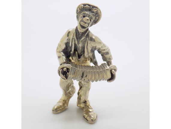 Vintage Figurine Clown Accordionist Solid Silver 800 Angini Arezzo Italy 1980s 90s Miniature Music Italian Silversmithing Circus