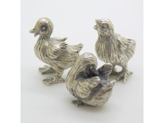 3 Micro Miniature Ducklings Solid Silver 800 Small Duck House Doll Vintage 1970s 1980s Italy Micro Sculpture 14g