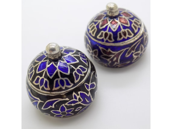 Duo of 925 Sterling Silver Pill Boxes, Italy, Enamel Lids, Snuffbox, Jewelry Holder, Vintage 1980s-1990s, Handmade, Usable, 26g