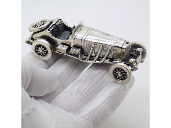 Vintage Mercedes SSKL 1931 Figurine, Solid 925 Silver, Arezzo, Italy, 1980s-1990s, Cars, Statuette, Italian Silversmithing, Collectible