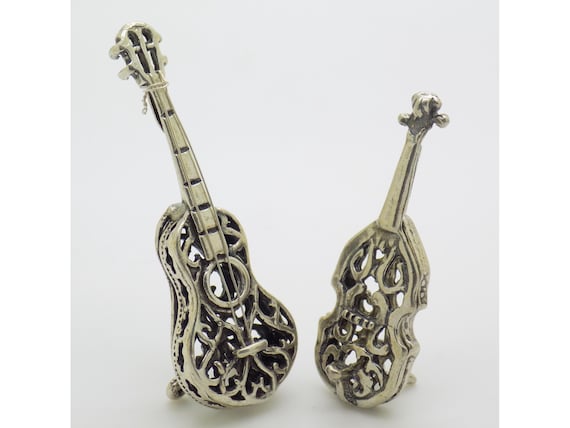 Vintage 1980s/1990s Solid Silver Guitar and Violin Musical Instrument Duo, Italian Miniature Dollhouse Style, Handmade, 15g