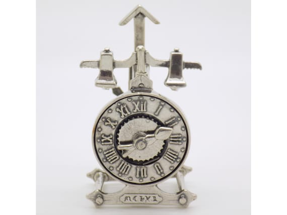 84g Large Antique Clock Figurine, Hand Crank, Solid Silver 800, Arezzo, Handmade Sculpture, Vintage 1980s-1990s, Tuscan Silversmithing