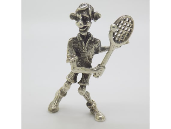 Solid Silver Tennis Player Figurine 800 Raspini Arezzo Retro Cartoon Style Vintage Decorative Miniature Sculpture Italy