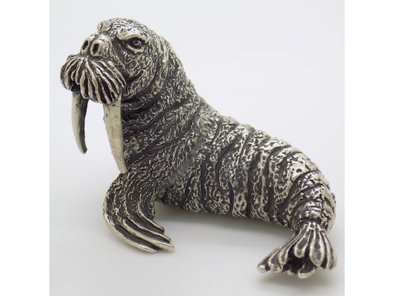 Large Solid Silver 800 Walrus by Mario Cerruti, Arezzo, Italy, Vintage Animal Sculpture, 1950s-1960s, Heavy 83g