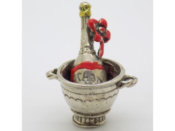Solid Silver 800 Champagne Bucket and Bottle, Arezzo, Italy, Red Enamel, Gold Miniature Dollhouse Figurine, Vintage, Handmade, 15g