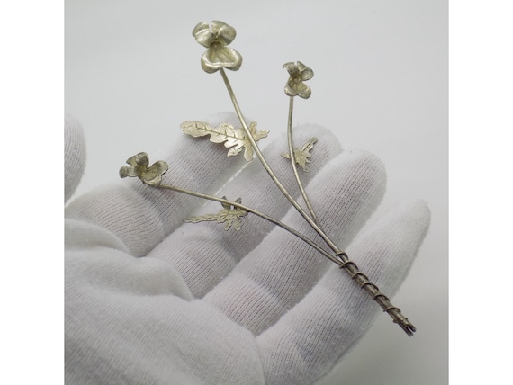 Miniature Orchid Branch in Solid 800 Silver, Vicenza, Italy. Vintage Elongated Floral Figurine, 1950s-1960s, 12g
