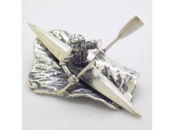 Solid Silver 925 Canoeist Figurine, Italy, Sports Statuette, Rowing Jersey 83, Remi in the Water, Vintage Miniature 1970s-1980s, Handmade