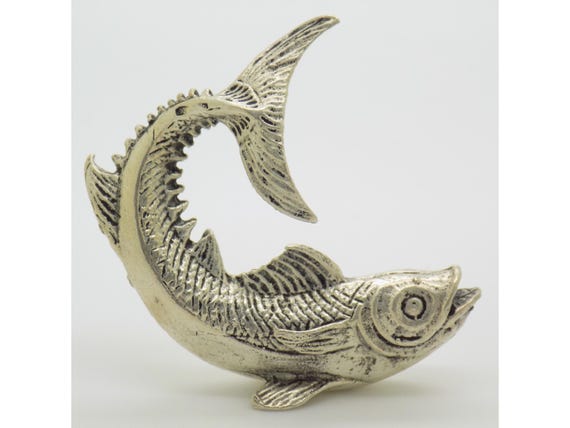 Lucky Fish Figurine with Raised Tail, Solid Silver 800 Sculpture, Talisman of Abundance and Vitality, Vintage 1950s-1960s, Silverware, 36.6g