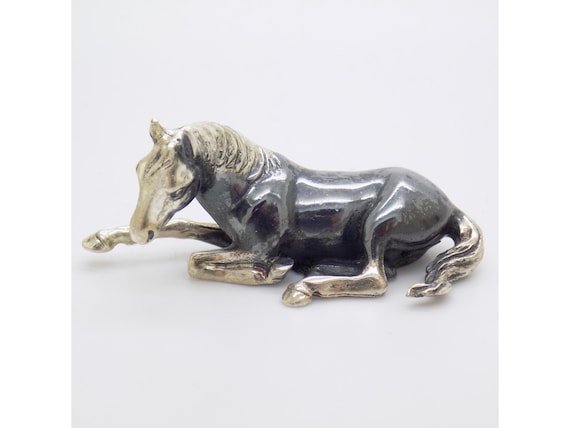 Solid Silver Sitting Horse Figurine 800 Saturno Arezzo Italy 1980s-90s Miniature Vintage Animal Italian Silversmithing Collectible
