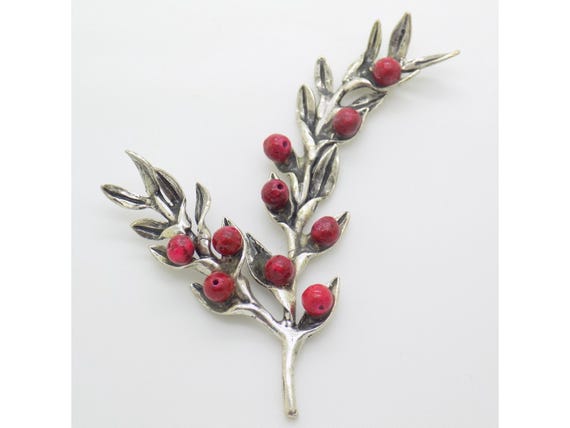 Miniature Berry Branch in Solid Silver 800 Arezzo Italy Botanical Twig Figurine Vintage 1970s 1980s 8g