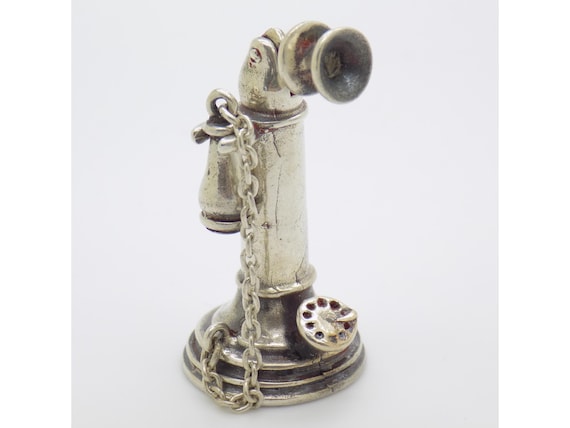 Miniature Antique Telephone in Solid 800 Silver, Italy, Figurine, Rotating Dial, Dollhouse Vintage 1970s-1980s, 20g