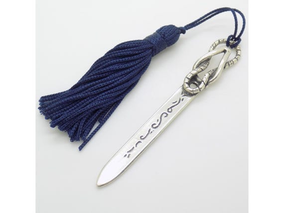 Bookmark Sterling Silver Hallmark Italy Vintage 1980s 1990s Blue Pompom Reading Accessory Segnalibro 5.68g