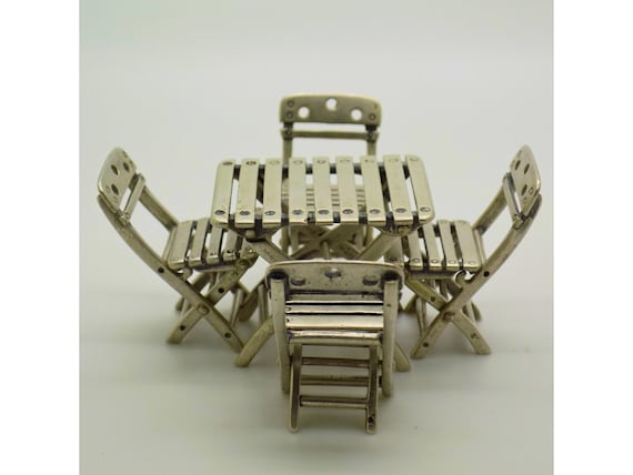 Miniature Dollhouse Set with 4 Folding Chairs and Garden Table, Solid Silver, 800 Arezzo, Italy, Vintage 1970s-1980s, Folding Furniture, 57g