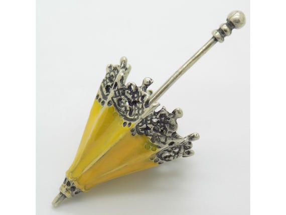 Figurine Parasol Umbrella in Solid Silver & Yellow Enamel, Italy, Miniature Enamel Sculpture, Vintage 80s Tableware, 16g
