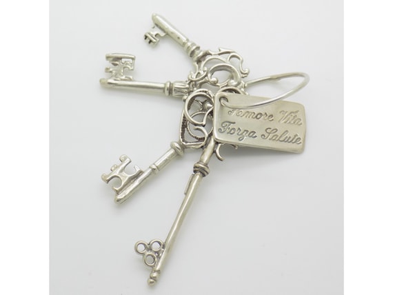 4-Piece Set of Keys to Happiness in 800 Sterling Silver: Amore Vita Forza Salute, Italy, Vintage Wedding 1970s-1980s, 20g