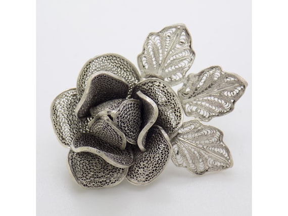 Vintage Rose Filigree Brooch, Sterling Silver 800, Genoa, Italy, 1970s-80s, Flower Jewelry, Figurine, Italian Silversmithing, Unique Collection